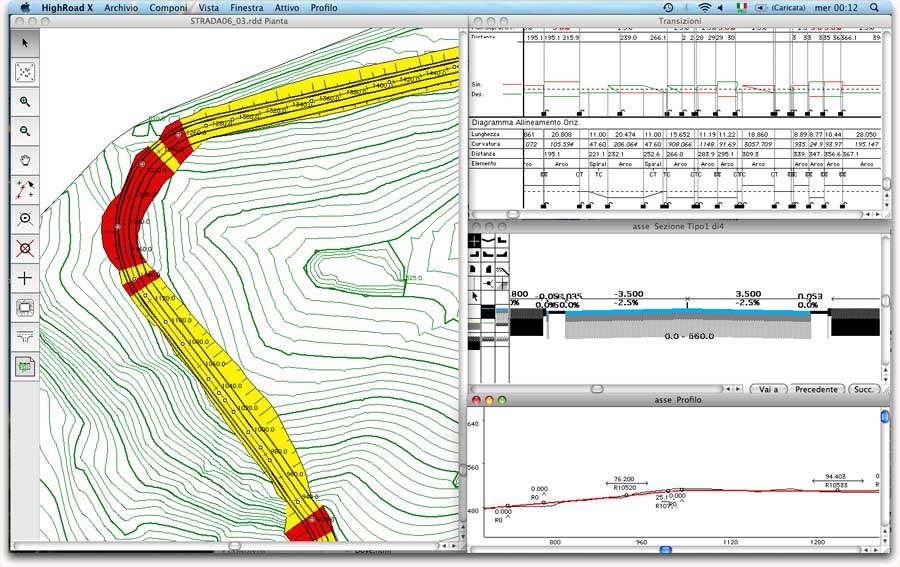 Lo schermo di HighRoad con pianta, sezione tipo, profilo e transizioni